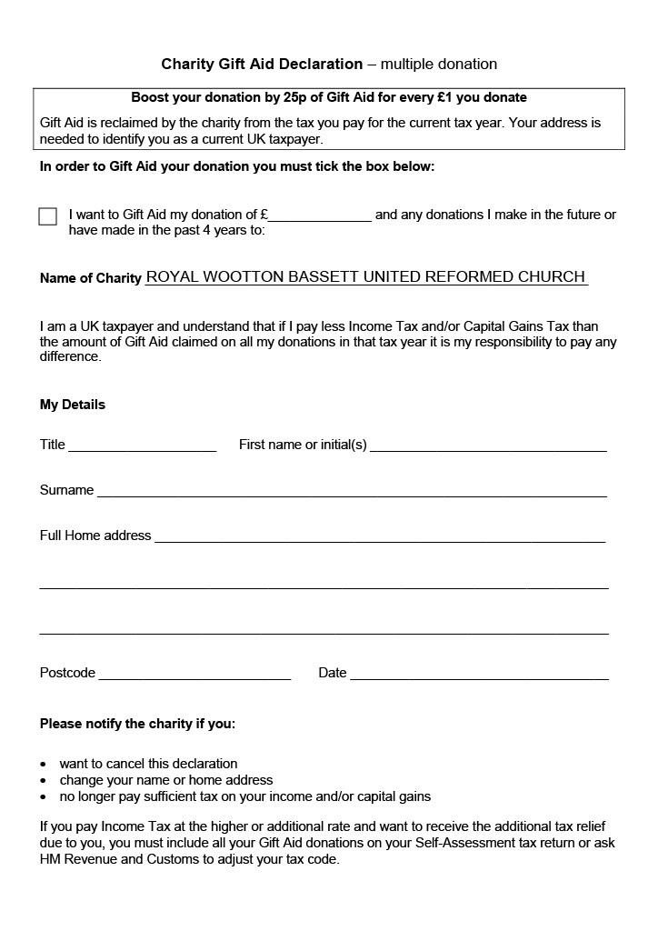 Gift Aid Form for Royal Wootton Basset United Reformed Church